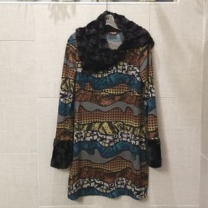 Fashion print dress with fur